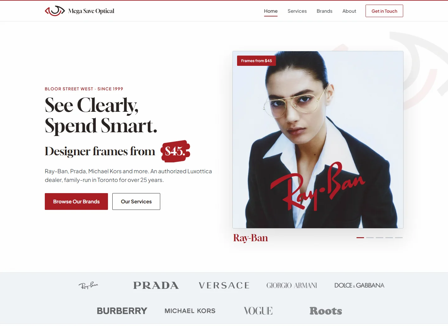 Mega Save Optical home page — hero with the designer-brand slideshow and $45 value hook